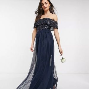 Maya Bridesmaid bardot maxi tulle dress with tonal delicate sequins in navy